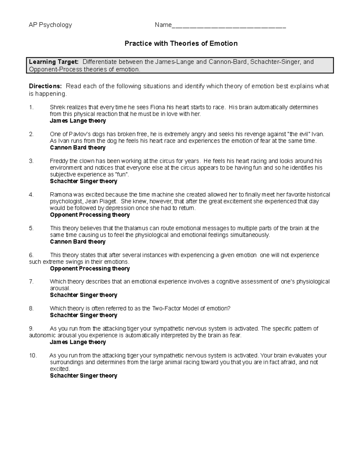 Psychology Theories Of Emotion Worksheet - AP Psychology Name