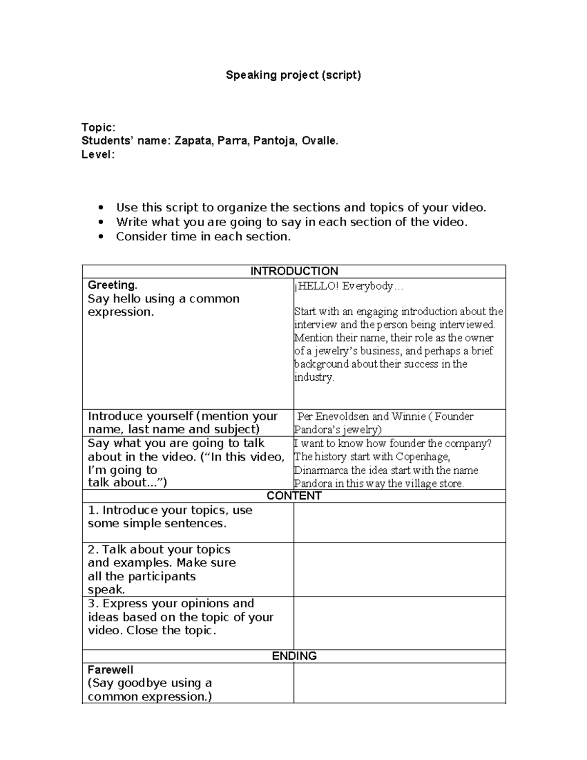 Template Presentation Script - Speaking project (script) Topic ...
