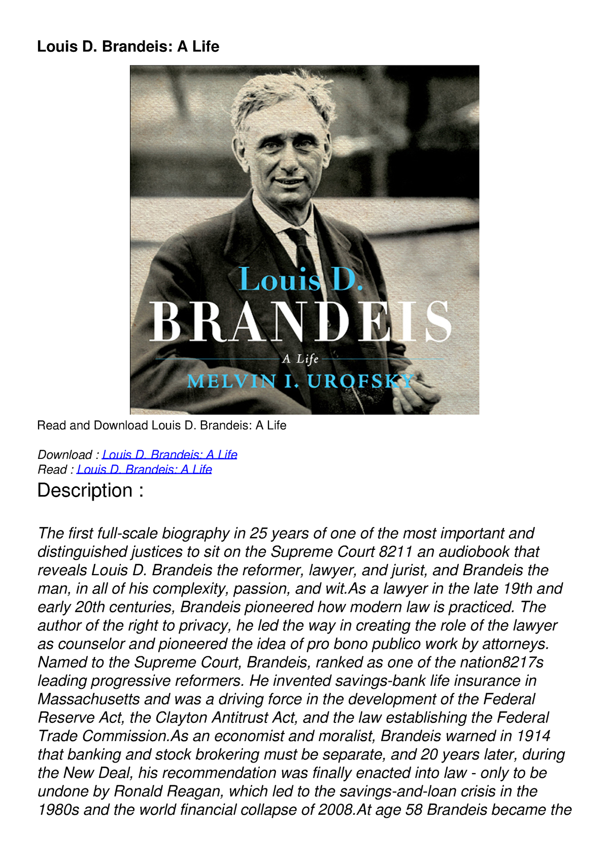 PDF READ ONLINE] Louis D. Brandeis: A Life - Medicine - Studocu