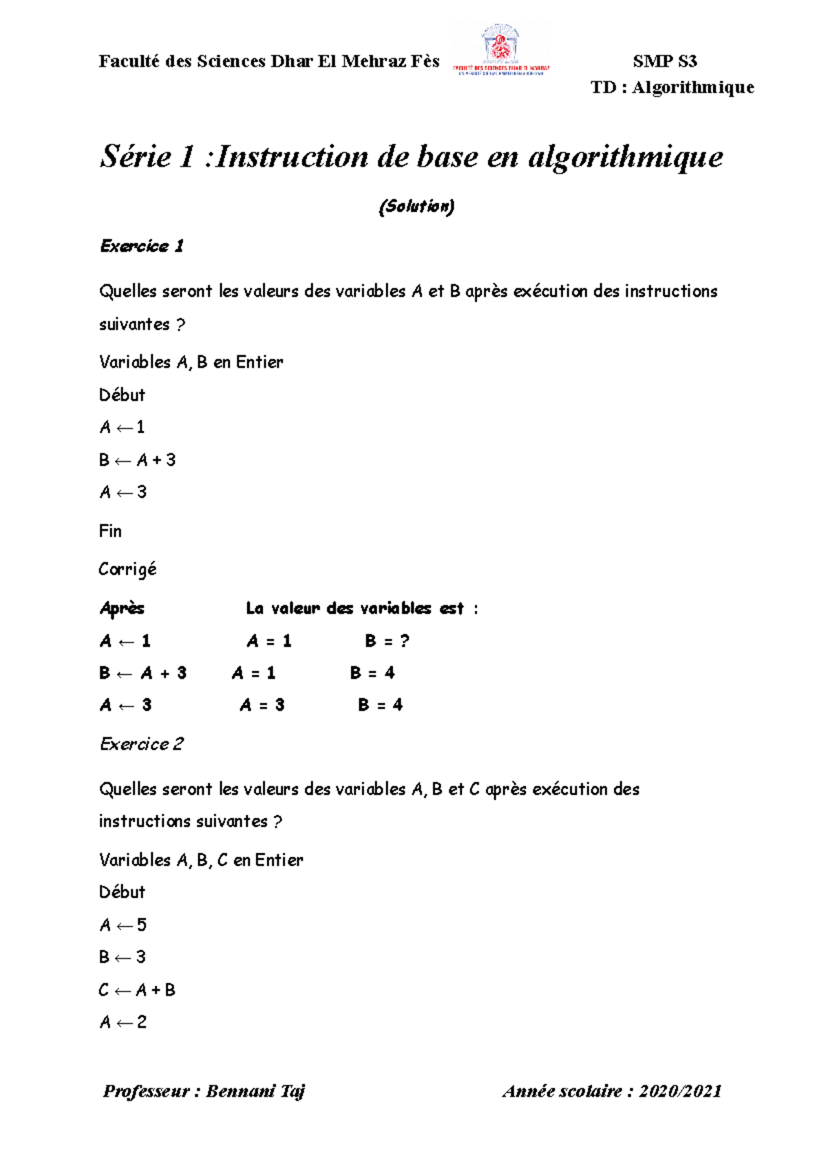 Algorithmique TD1 - Correction - TD : Algorithmique Série 1 ...