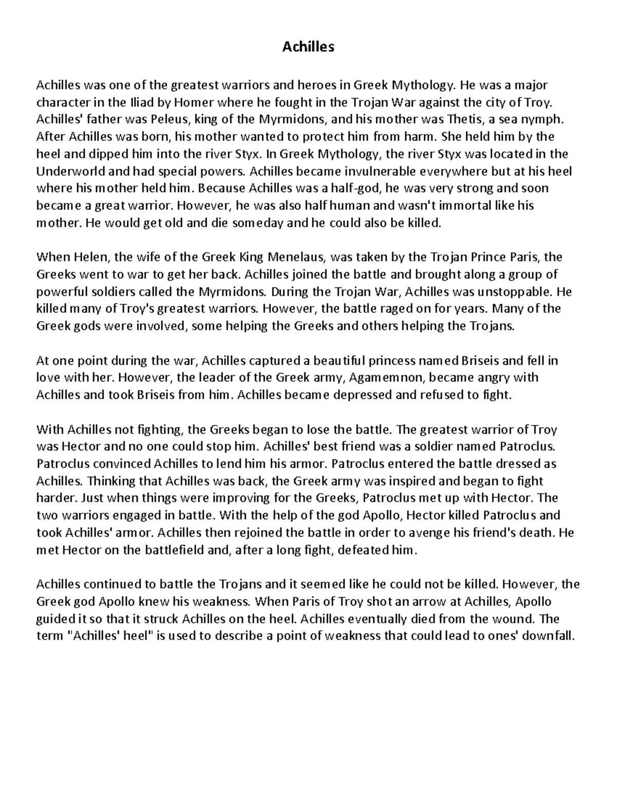 Achilles reading and questions - Achilles Achilles was one of the ...