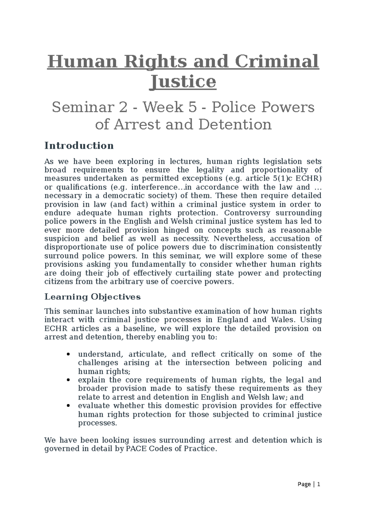 Seminar 2 - Arrest and Detention - Human Rights and Criminal Justice ...