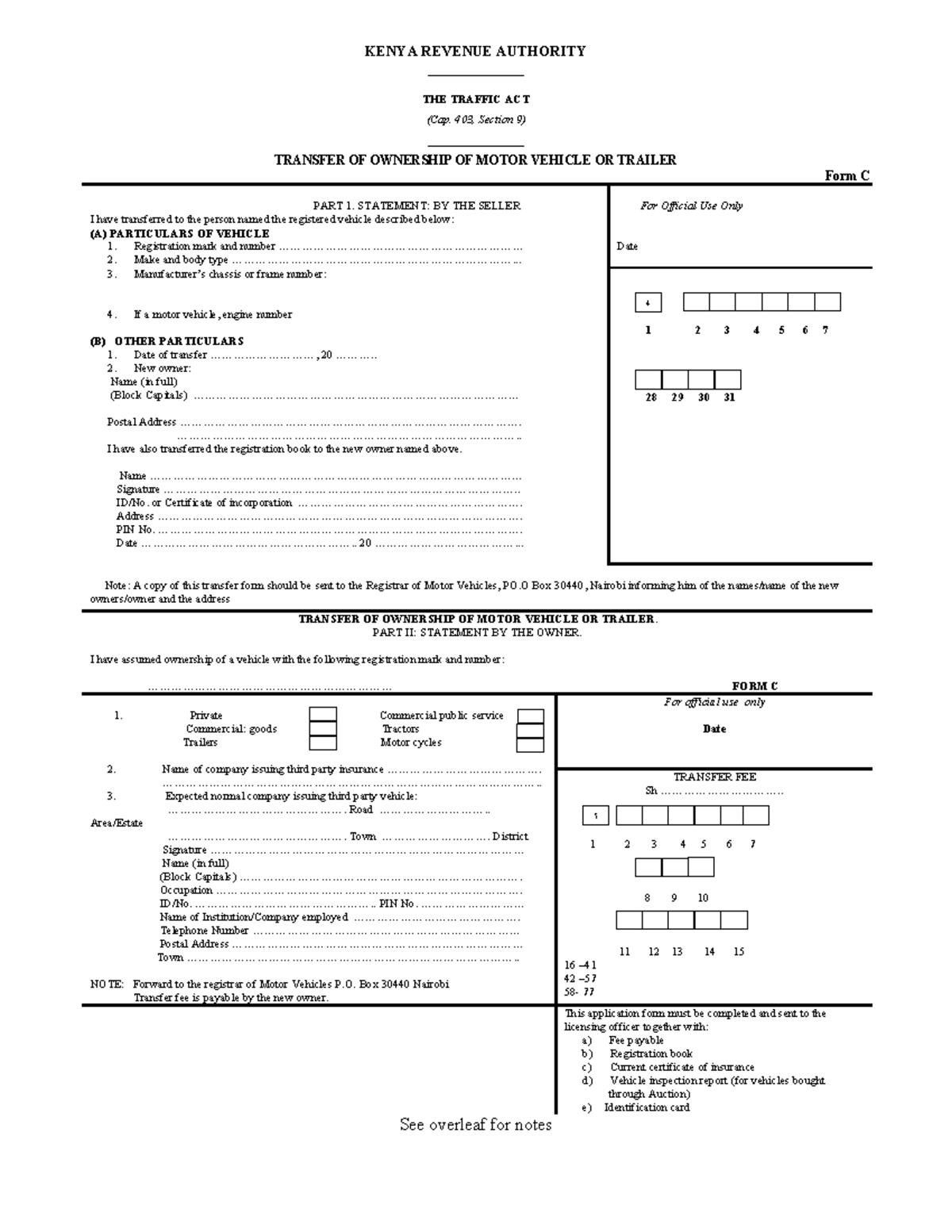 THE Traffic ACT FORM c - Kenya Revenue Authority - KENYA REVENUE 