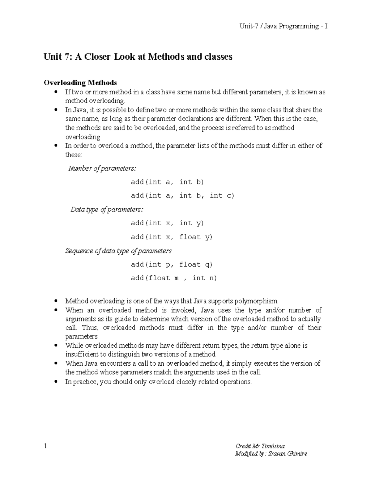 Chapter 7 - Credit Mr Timilsina 1 Unit 7: A Closer Look at Methods and ...