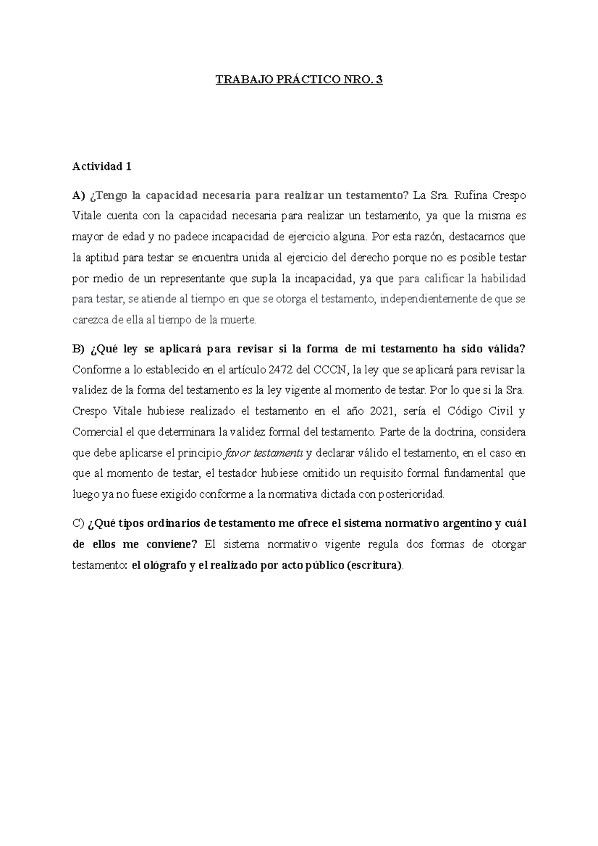 TP 3 Derecho Sucesorio Actividad 1 TRABAJO PR CTICO NRO 3 