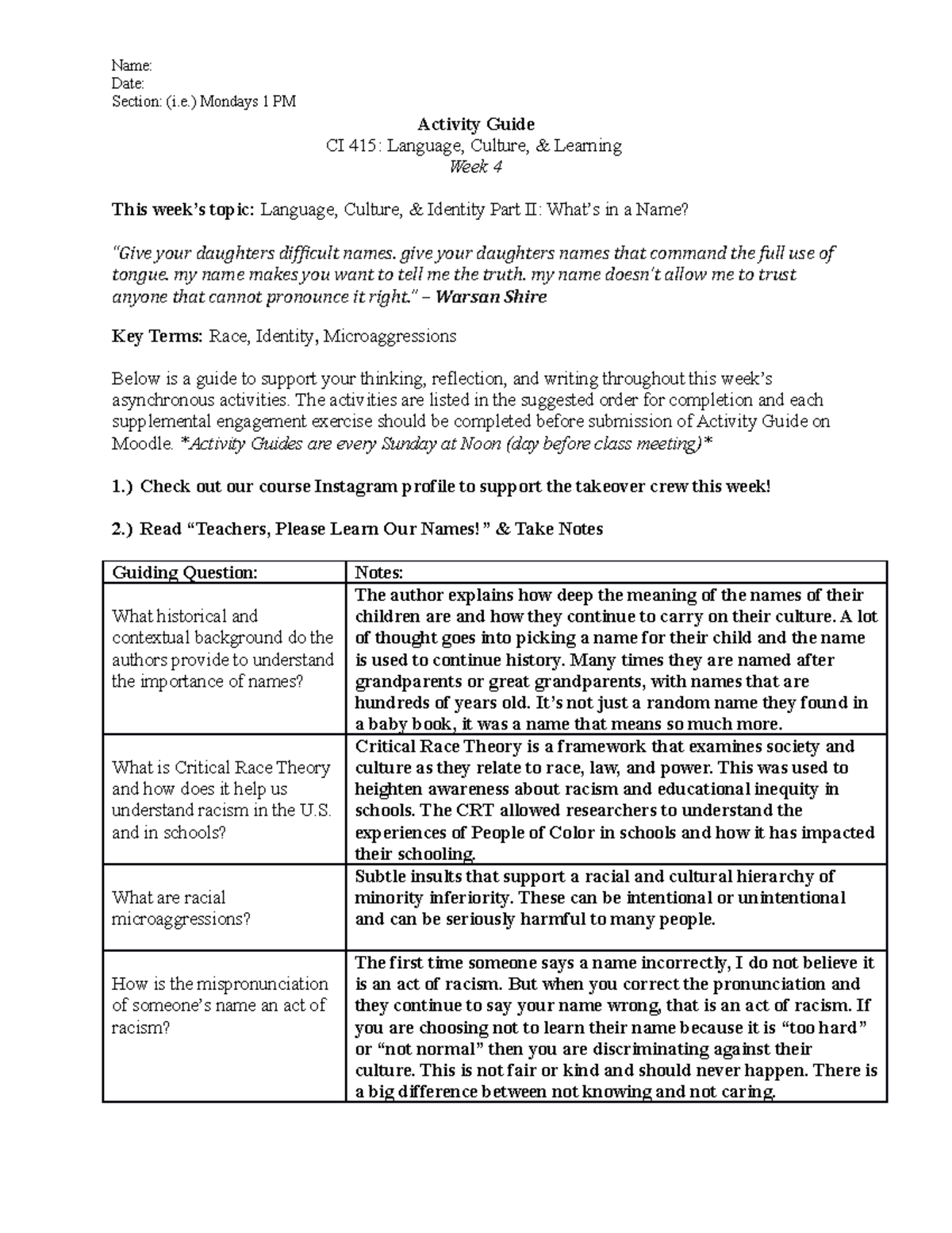 CI 415 ag wk 4 - weekly activity guide - Name: Date: Section: (i ...