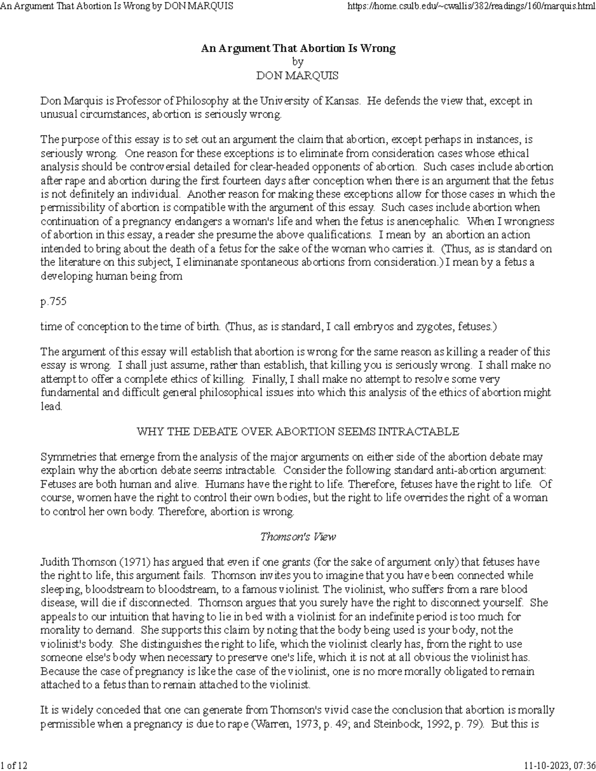Marquis - It is a practice material. - An Argument That Abortion Is ...