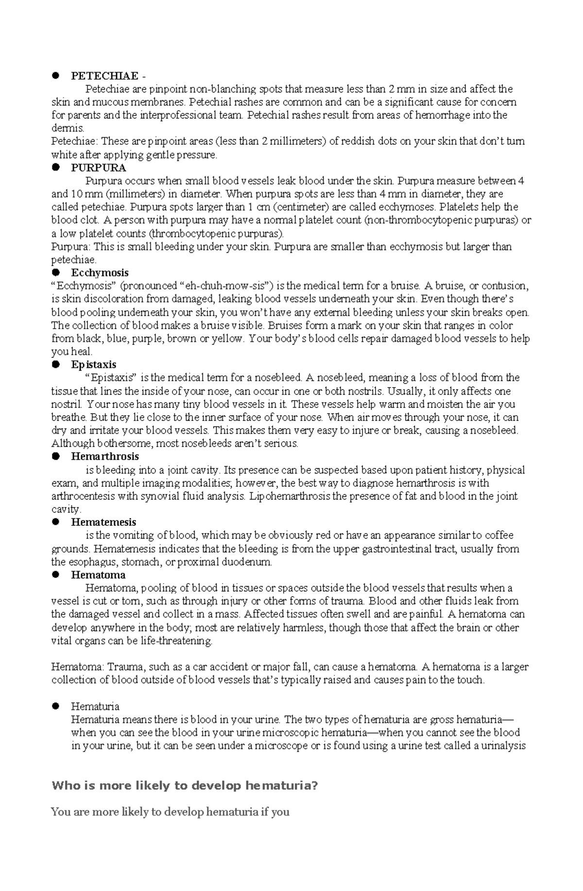 HEMA LEC Report - PETECHIAE - Petechiae are pinpoint non-blanching ...