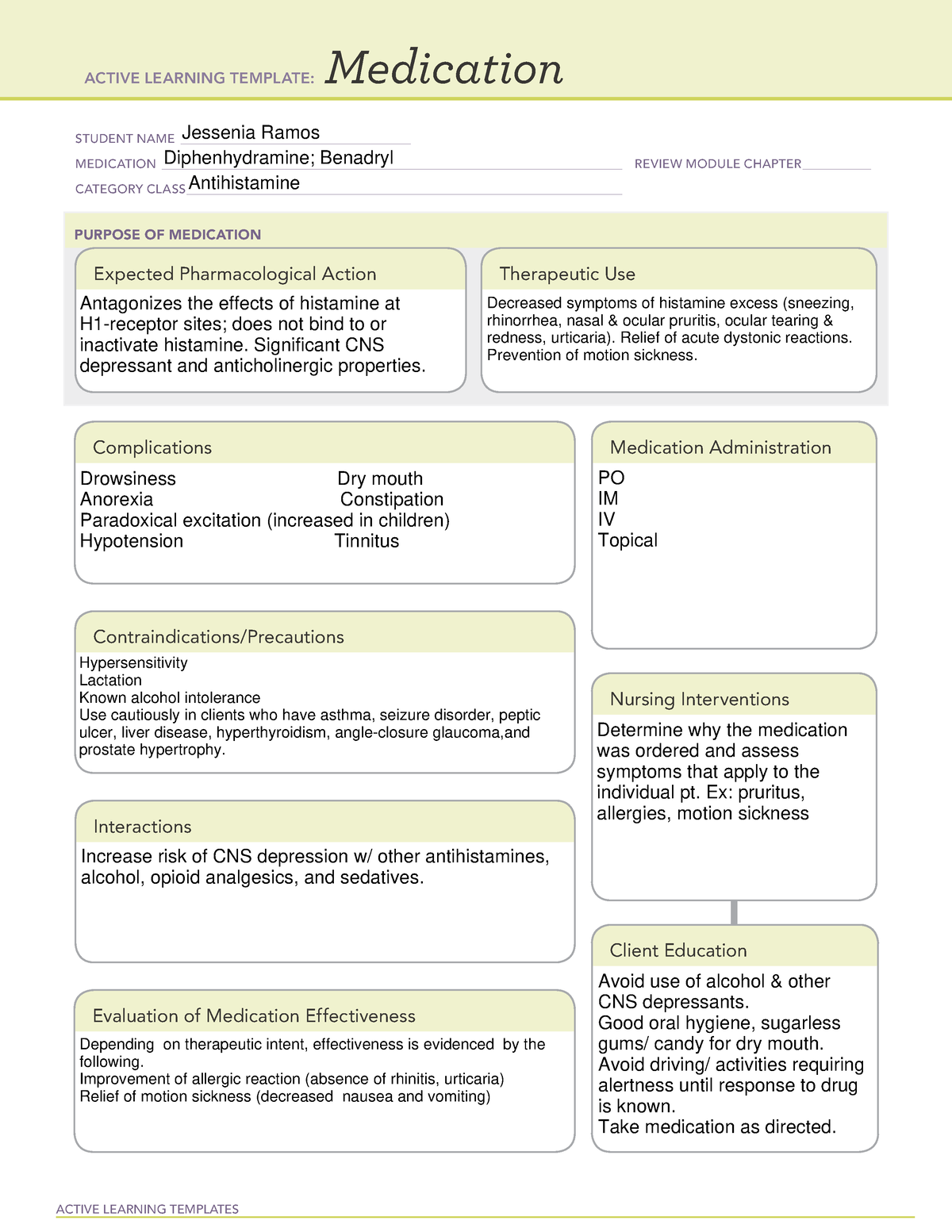 Diphenhydramine ATI Medication template for LAB ACTIVE LEARNING