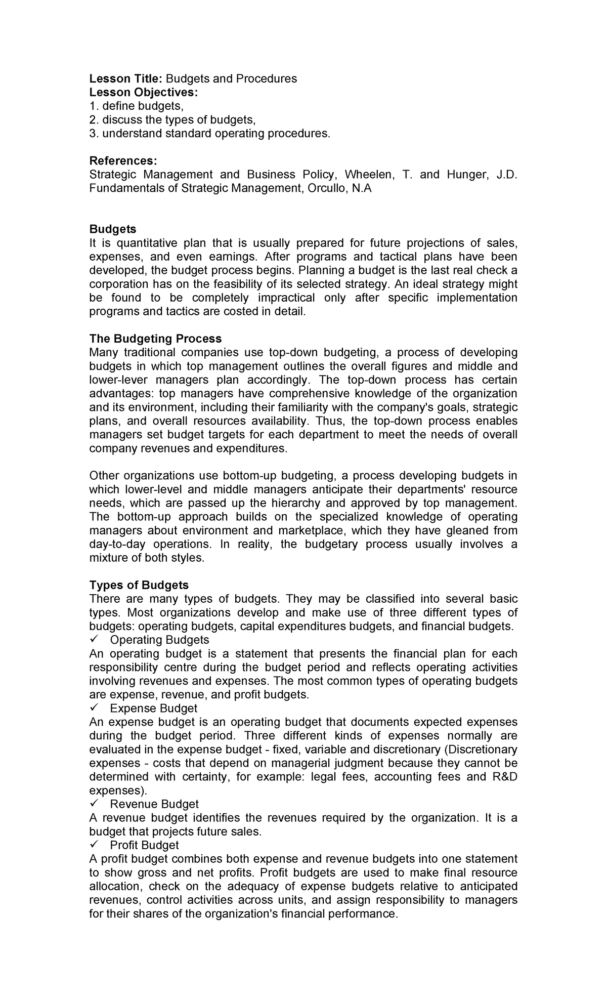 Budgets and Procedures - Lesson Title: Budgets and Procedures Lesson ...
