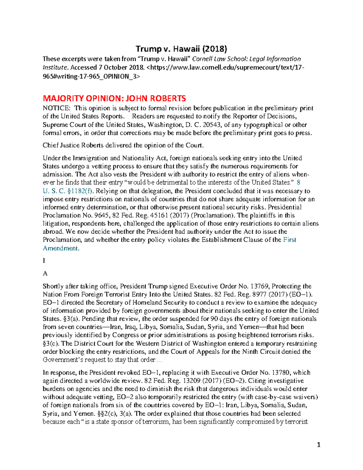Trump v Hawaii - Trump v. Hawaii (2018) These excerpts were taken from ...