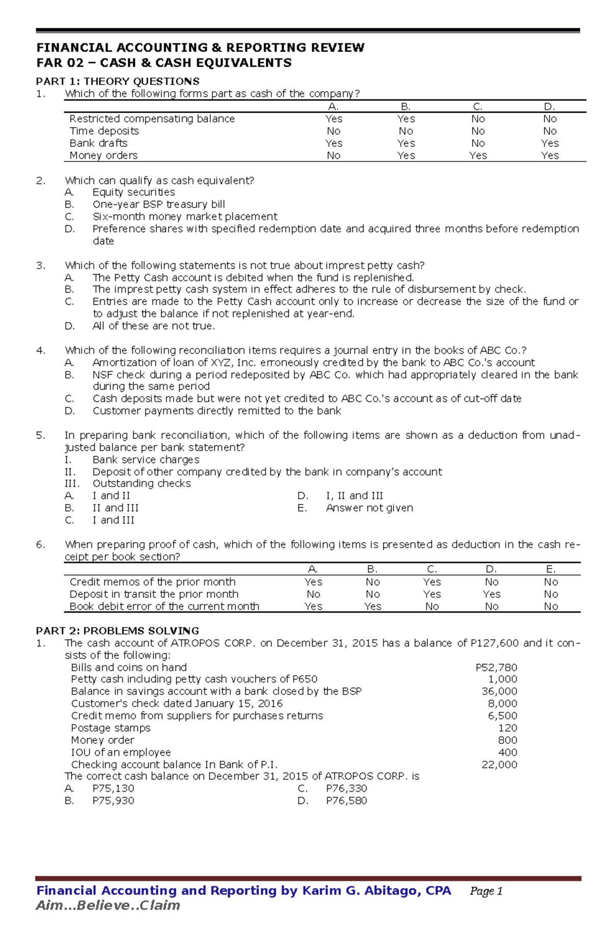 02 Cash And Cash Equivalents - FINANCIAL ACCOUNTING & REPORTING REVIEW ...