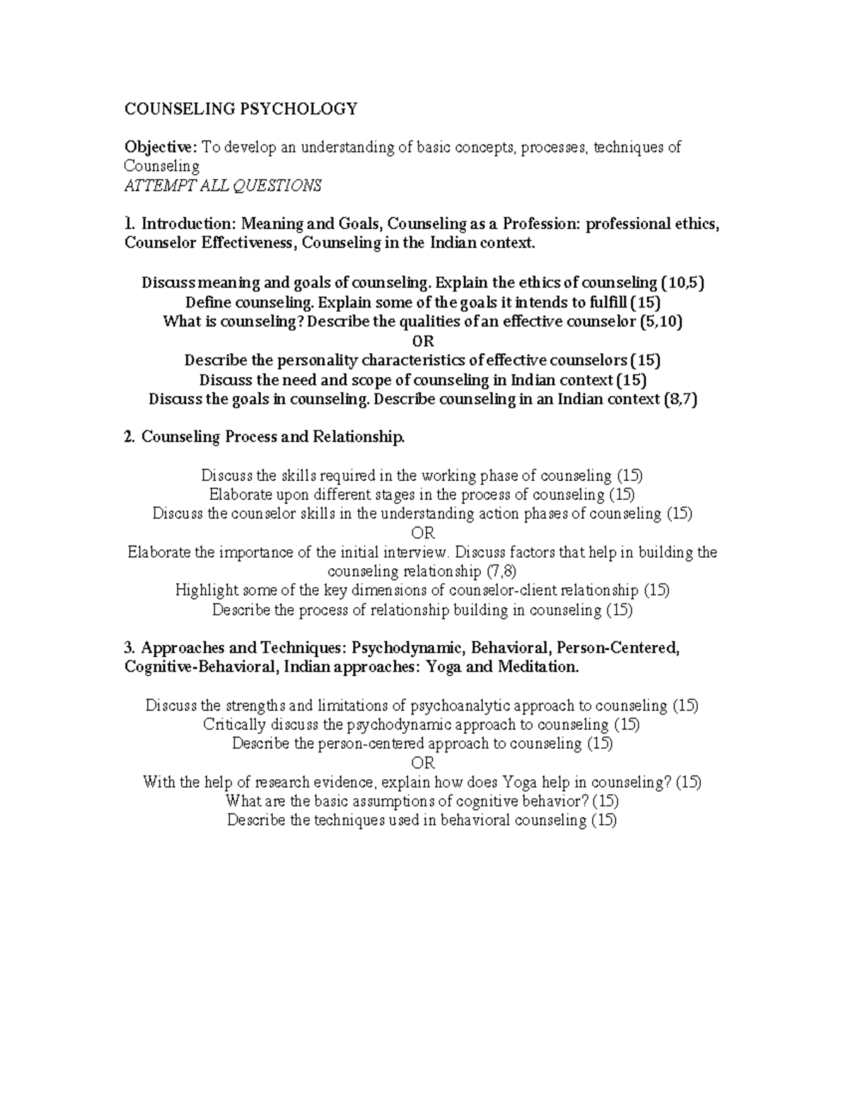 Counseling Psych. paper set previous question papers COUNSELING