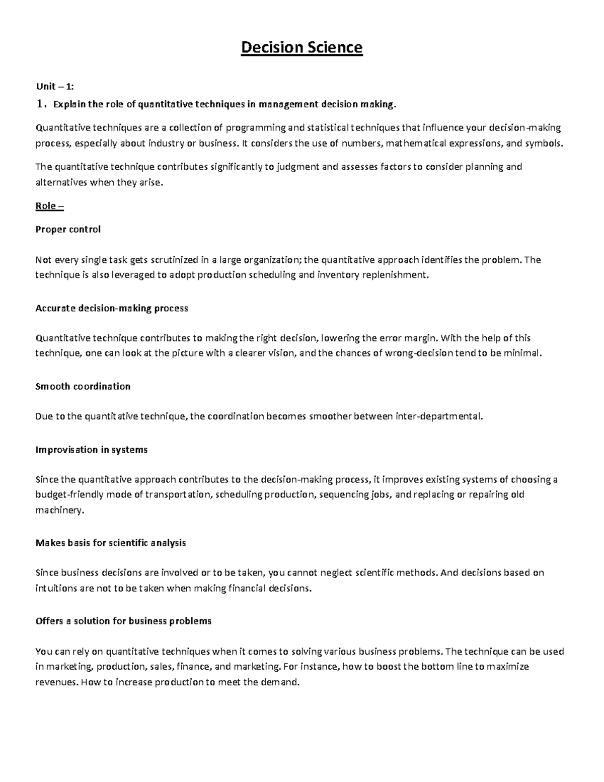 Decision Science - Decision Science Unit – 1: Explain the role of ...