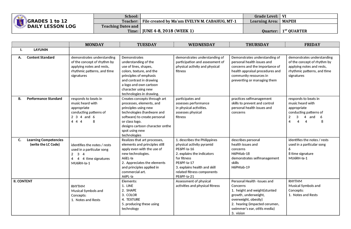 DLL Mapeh 6 Q1 W1 - Essay - GRADES 1 To 12 DAILY LESSON LOG School ...