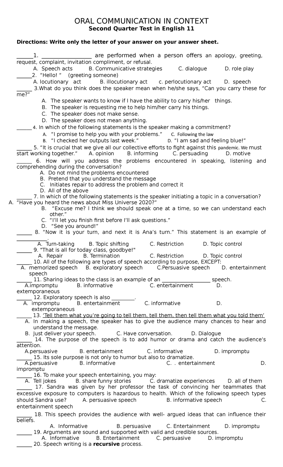 2NDquarter Summative Test ORAL COMMUNICATION IN CONTEXT Second Quarter Test in