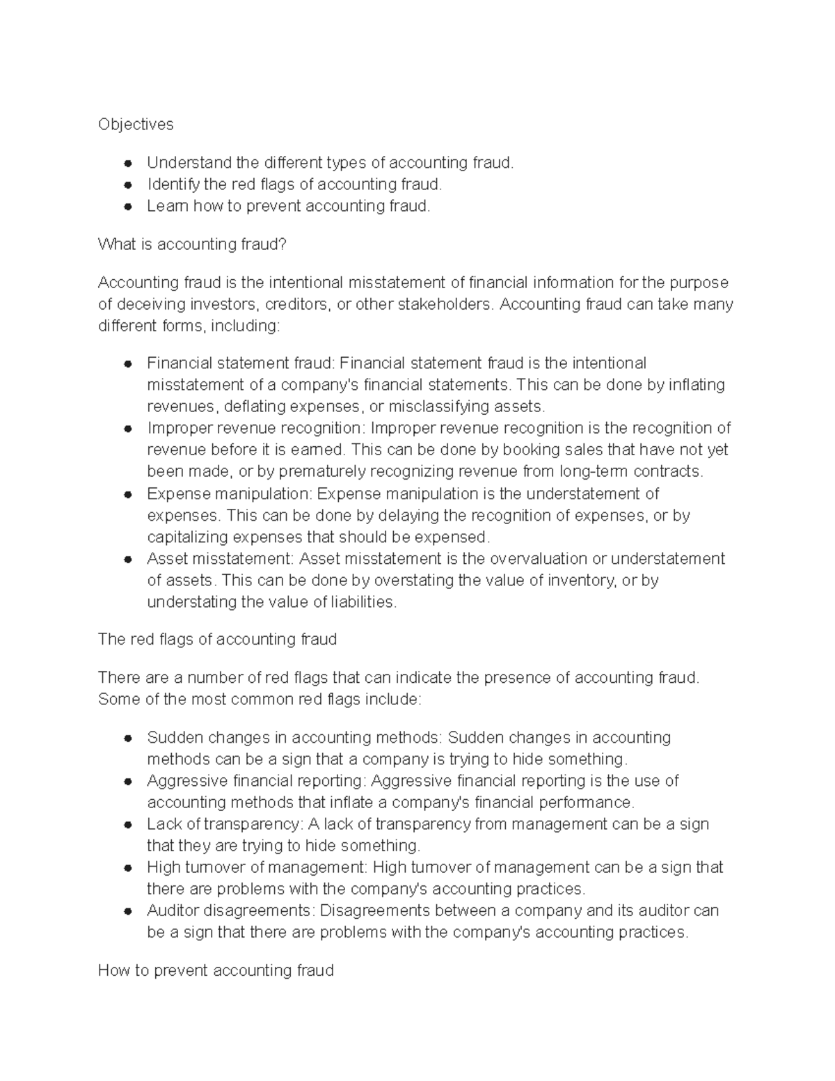 Lecture 7 Accounting Fraud - Objectives Understand the different types ...