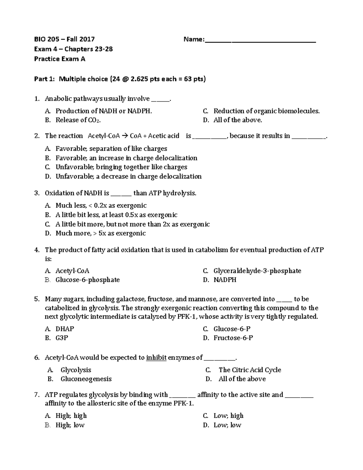 BIO205 Exam4 Practice A - BIO 205 – Fall 2017 Name ...