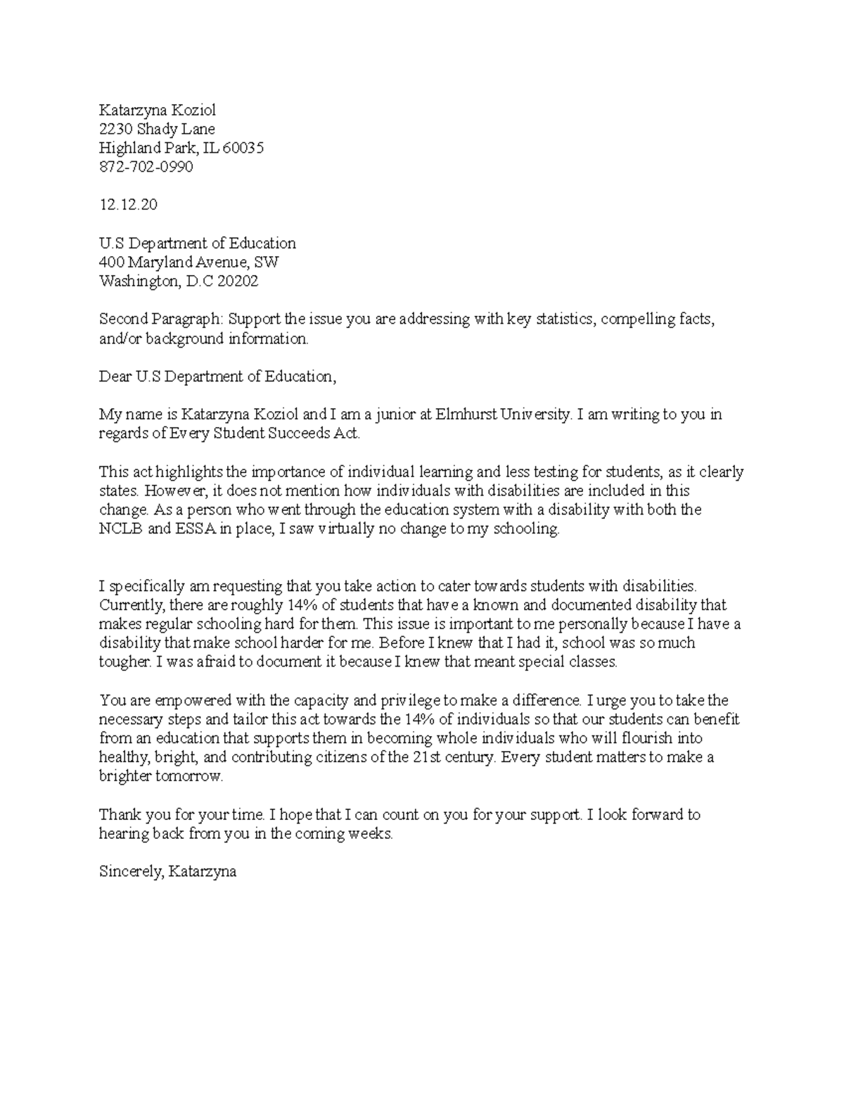 Advocacy Letter example - Katarzyna Koziol 2230 Shady Lane Highland ...