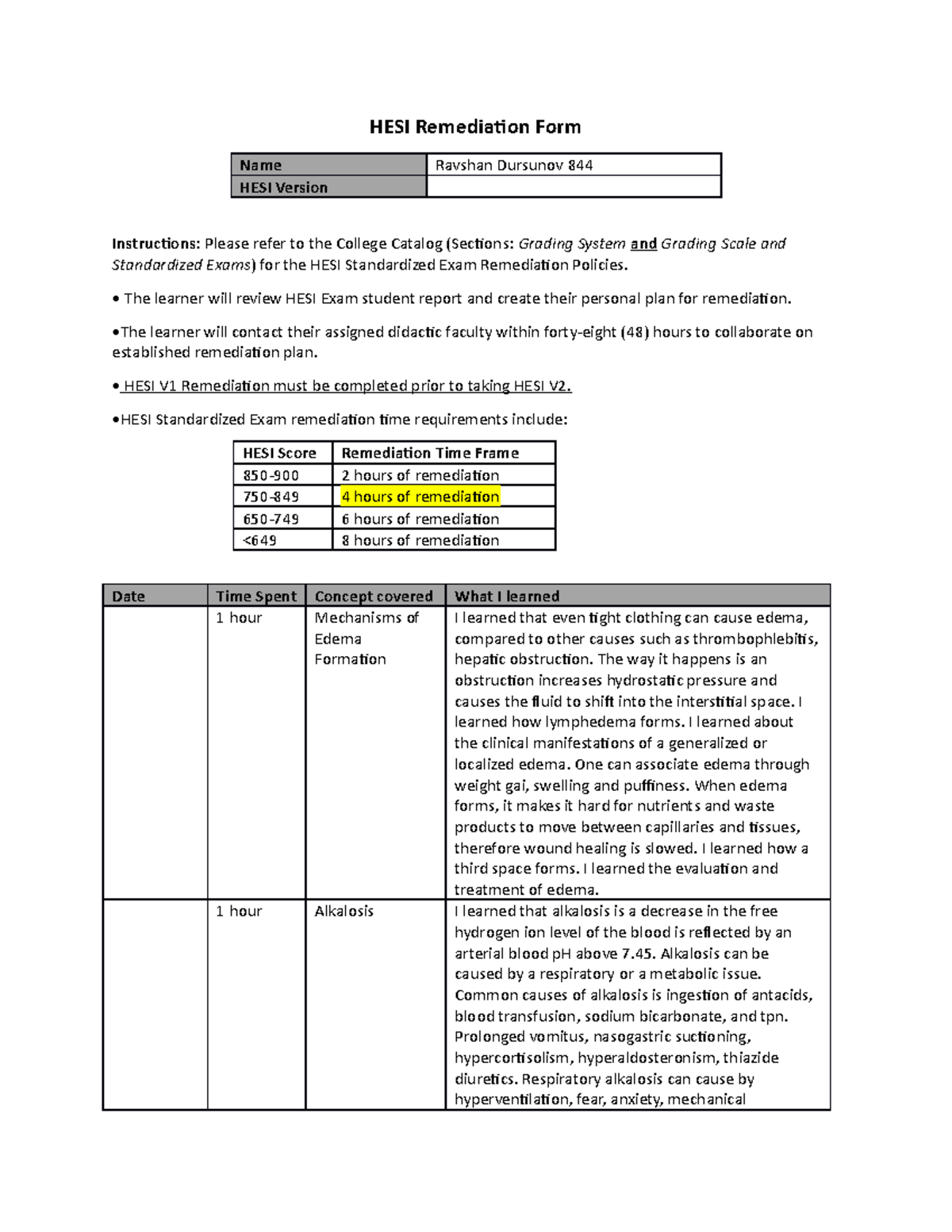 Hesi Remed 265 - Xxxxxx - HESI Remediaion Form Name Ravshan Dursunov ...