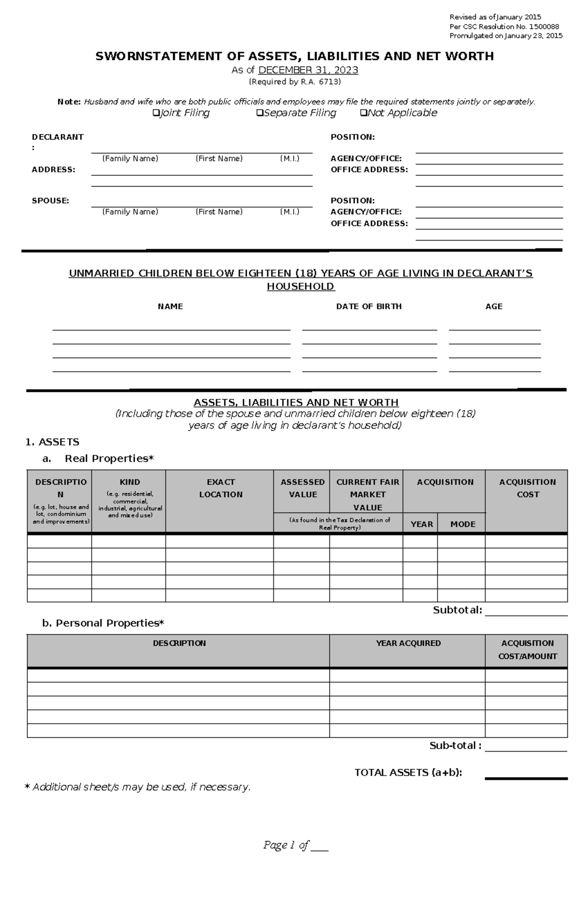 SALN-Editable-2023 - Revised as of January 2015 Per CSC Resolution No ...