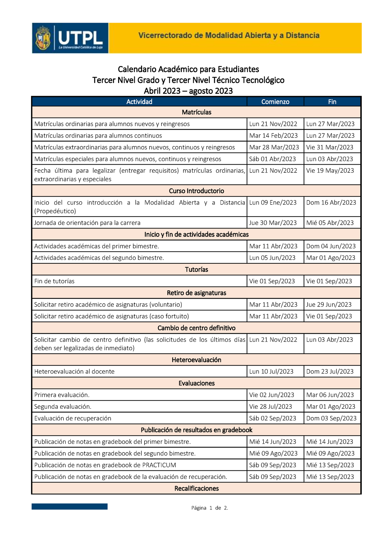 Calendario de la UTPL Psicologia - Página 1 de 2. Calendario Académico para Estudiantes Tercer 