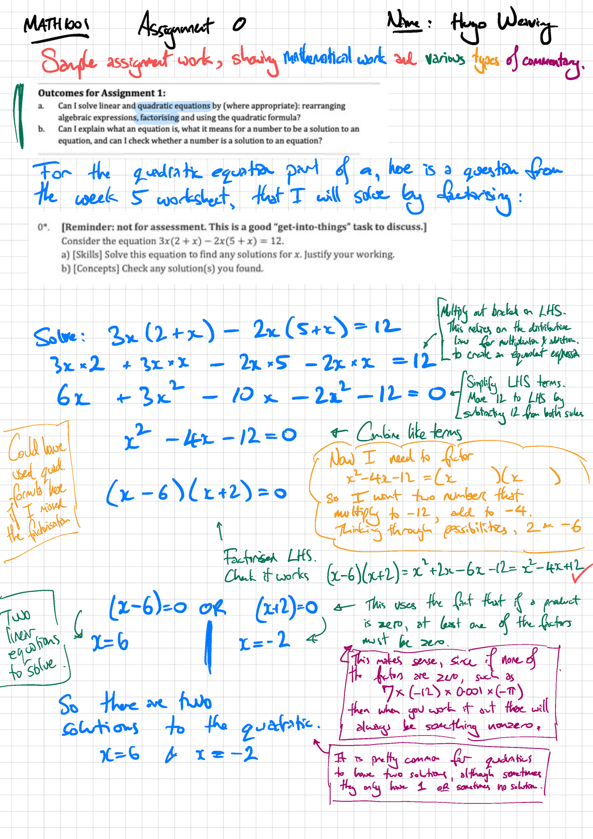 Math1001 Assignment Sample Working-1 - MAtt Assignment 0 Nine : Hugo ...