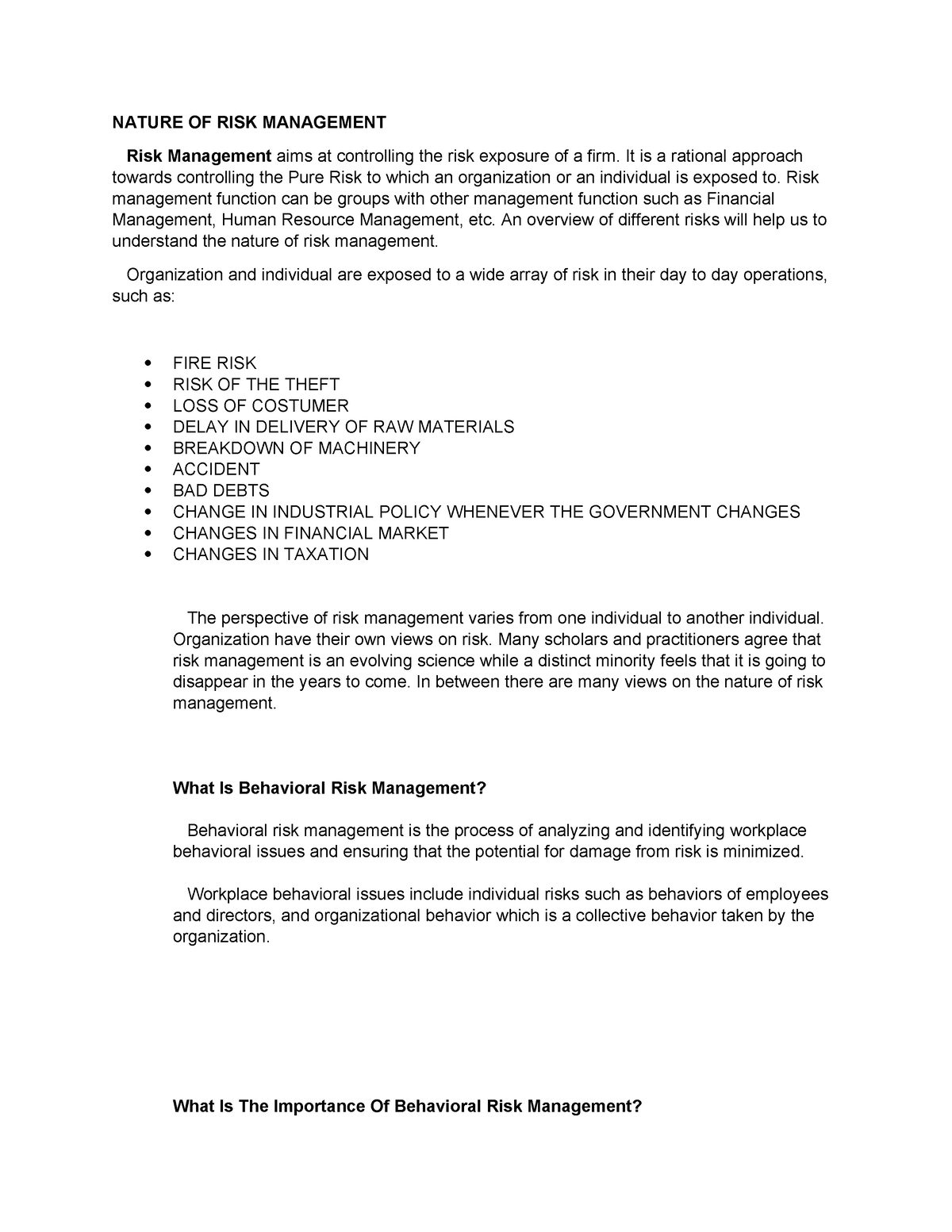 RISK Management Group 1 - NATURE OF RISK MANAGEMENT Risk Management ...