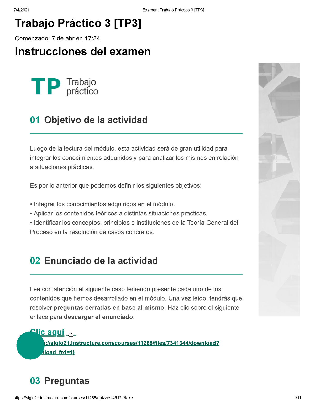 Examen Trabajo Práctico 3 Tp3 Procesal 1 Trabajo Práctico 3 Tp3 Comenzado 7 De Abr En 17 0938