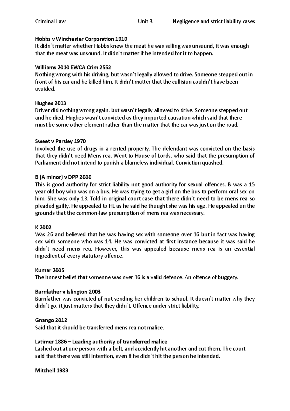Unit 3 L2 cases negligence and strict liabilty - Criminal Law Unit 3 ...