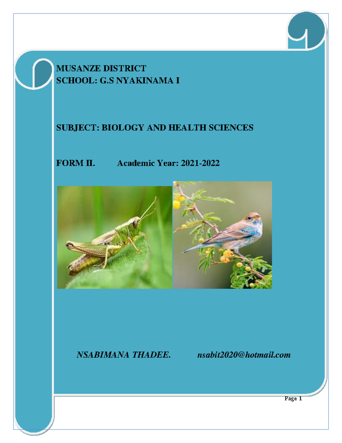 S2 Biology Notes at G S Nyakinama I - Page 1 MUSANZE DISTRICT SCHOOL: G ...