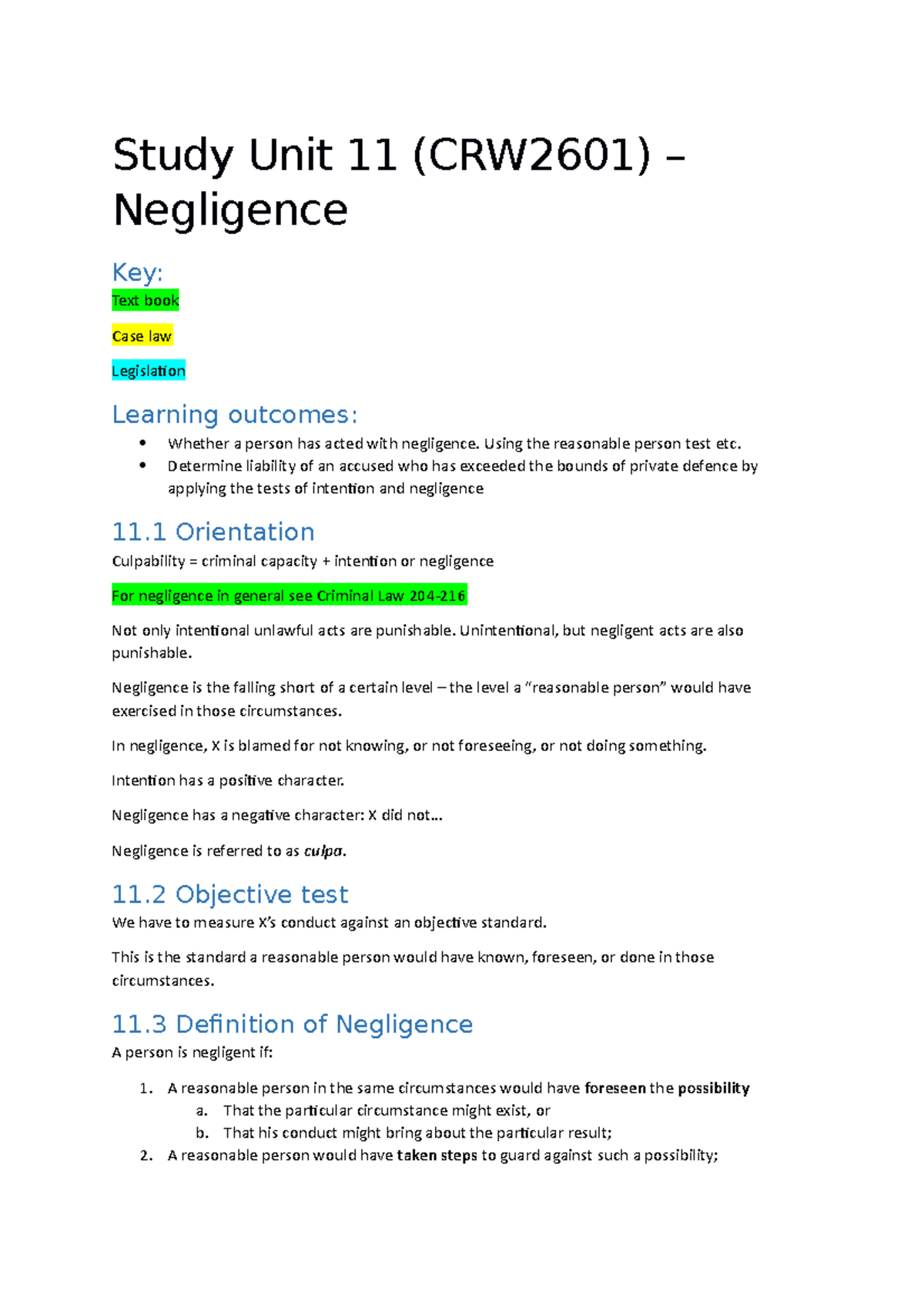 2 CRW - Lecture notes 8 - Study Unit 11 (CRW2601) – Negligence Key ...