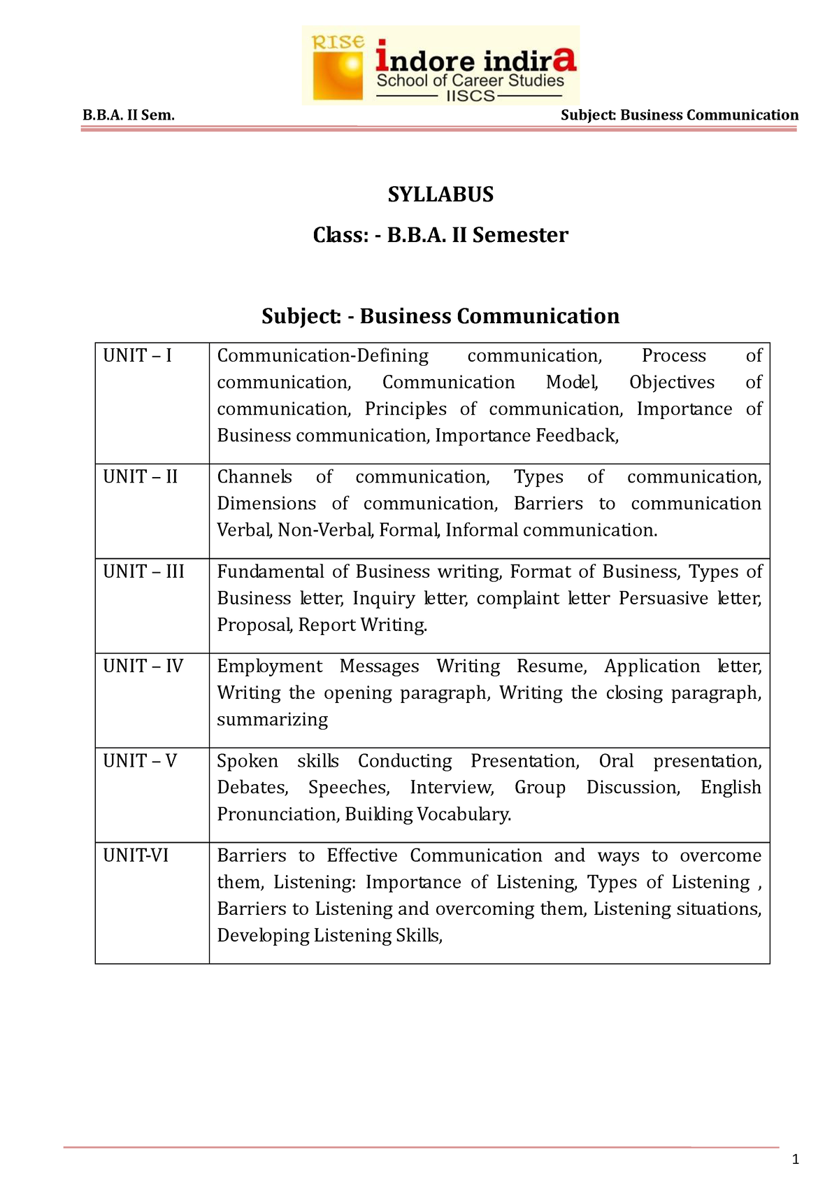 Business Communication II SEM - SYLLABUS Class: - B.B. II Semester ...