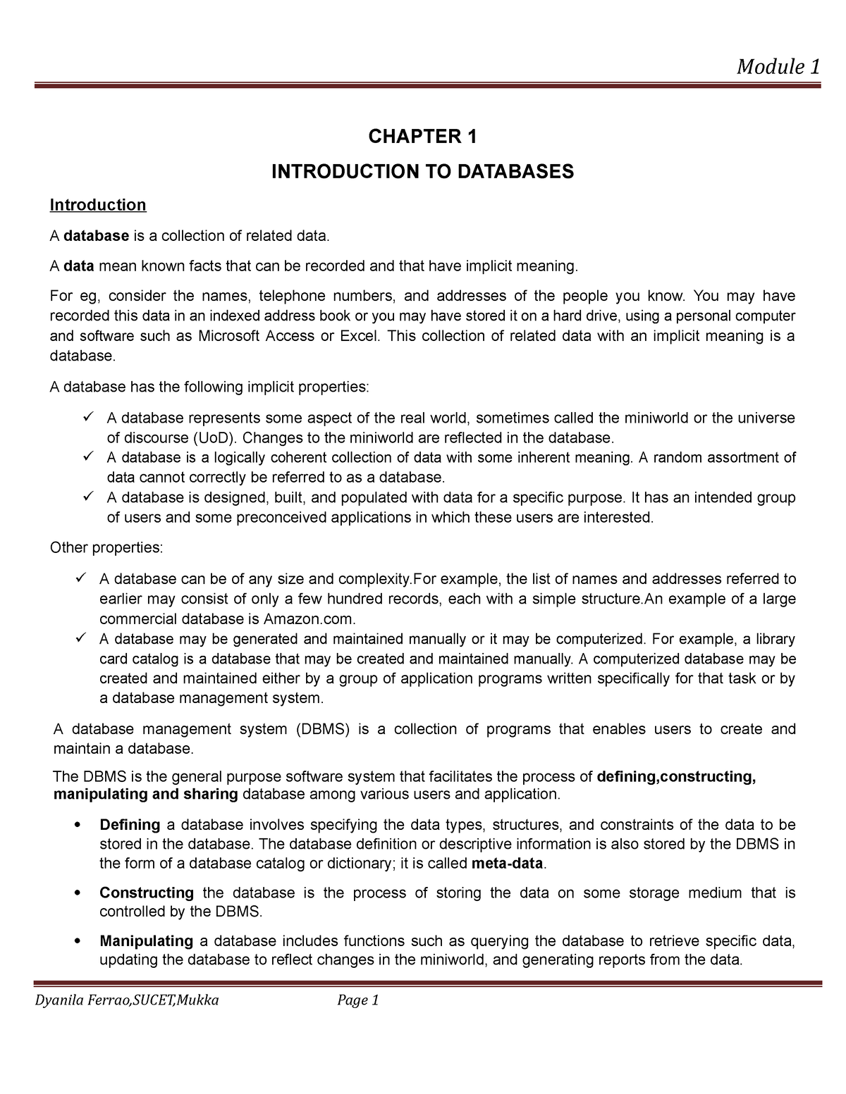 DBMS UNIT 1 Notes - CHAPTER 1 INTRODUCTION TO DATABASES Introduction A ...