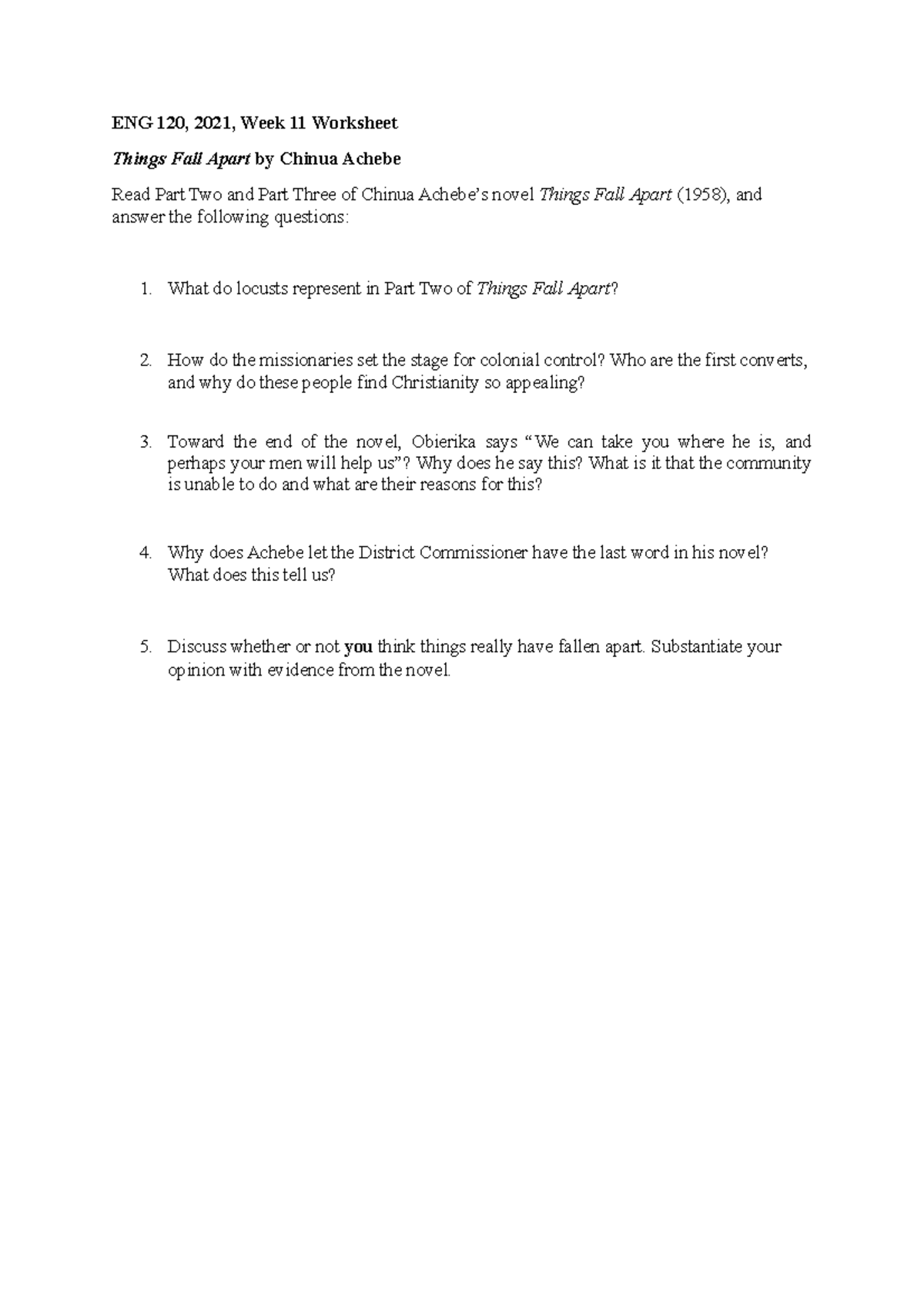 Worksheet 11 – Achebe_ Things fall apart - ENG 120 - UP - Studocu