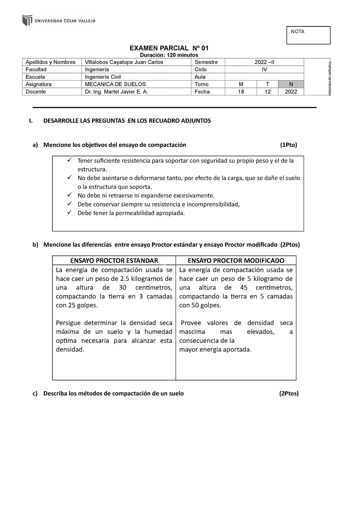 Examen Parcial N° 01 DE Mecanica DE Suelos 18 12 22 - EXAMEN PARCIAL Nº ...