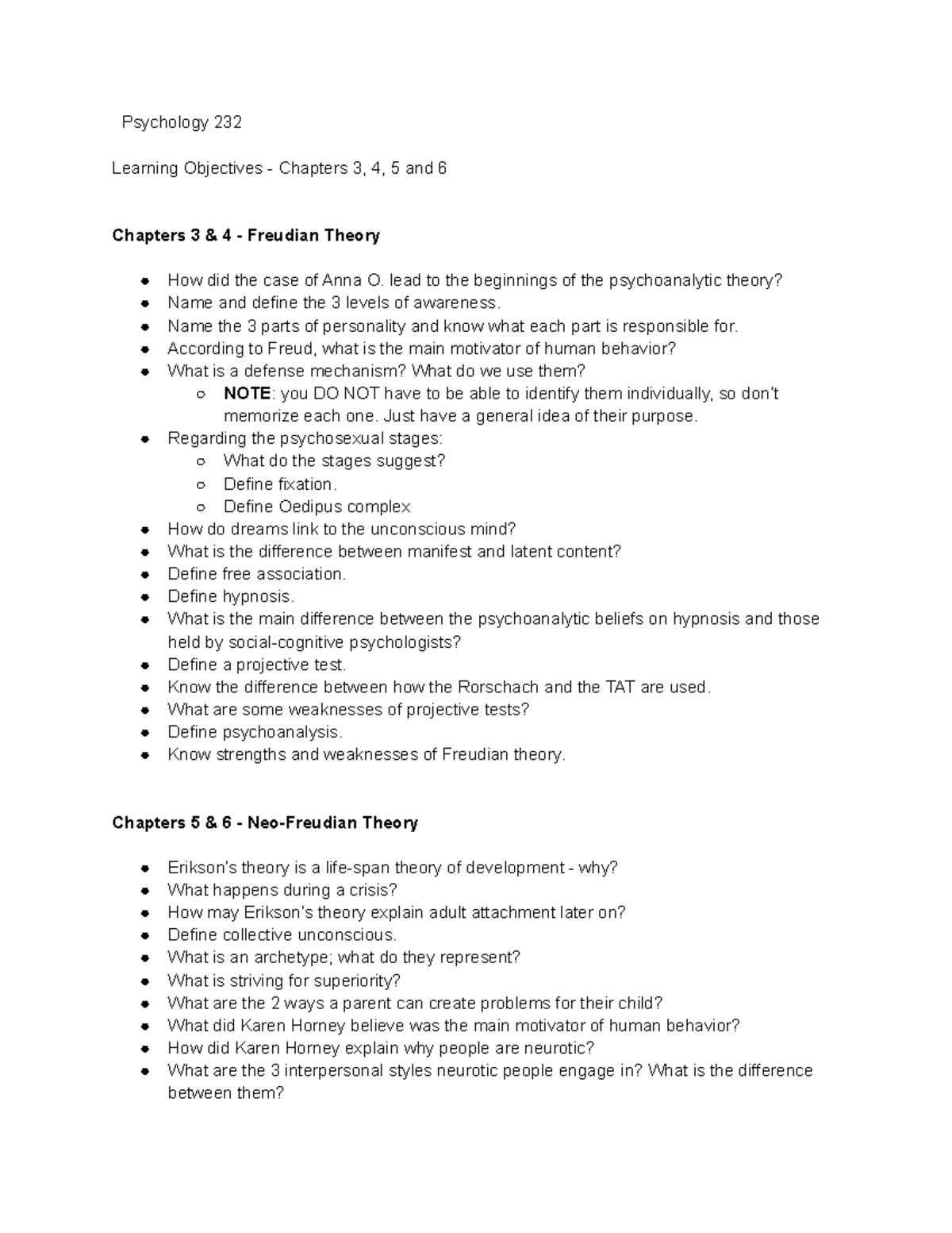 Psych 232 LO Chaps 36 Learning Objectives for chapter review