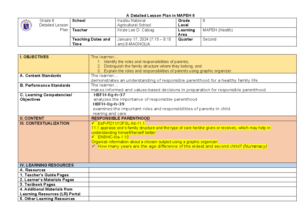 Q2- Health 8-DLL - AAAAAAAAAAAAAAAAAA - A Detailed Lesson Plan in MAPEH ...