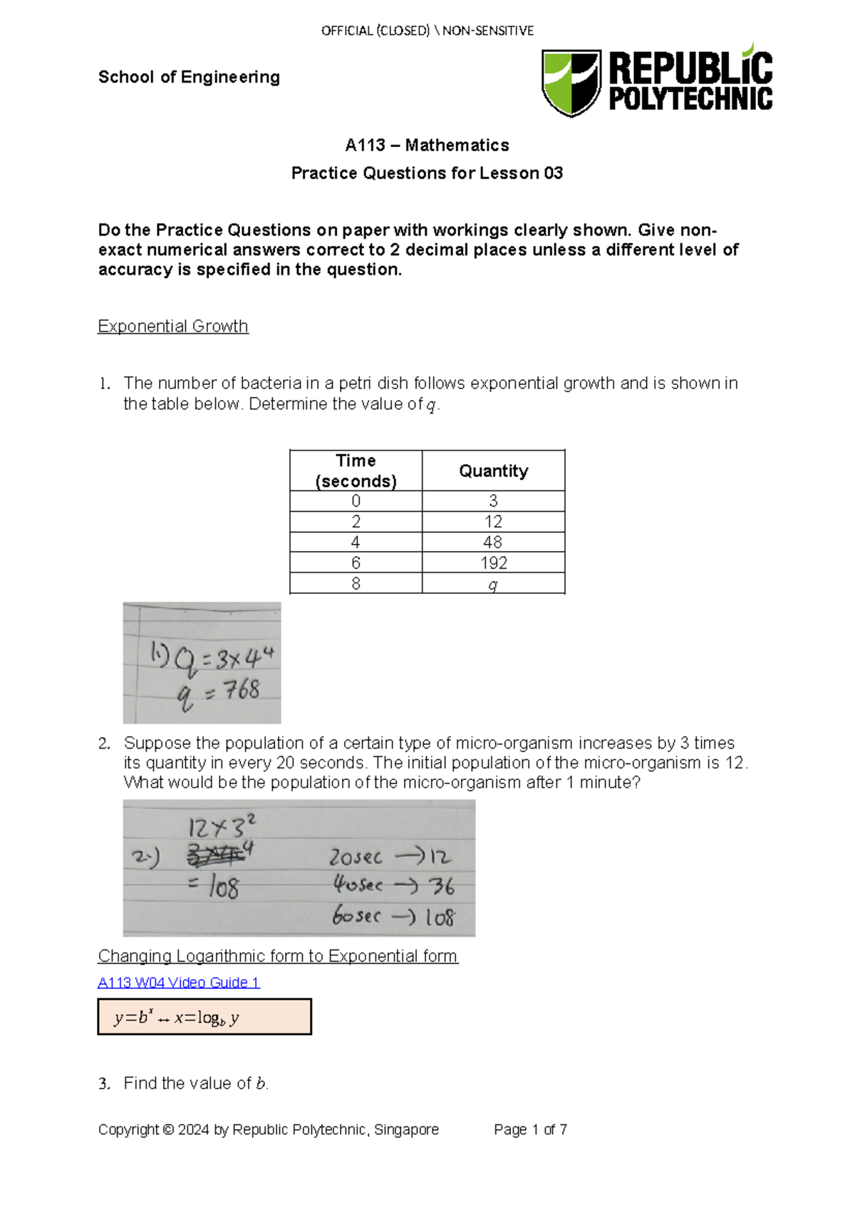 AY 2024 Sem 1 A113 W03 PQ - logarithm PQ03 - School of Engineering A113 ...