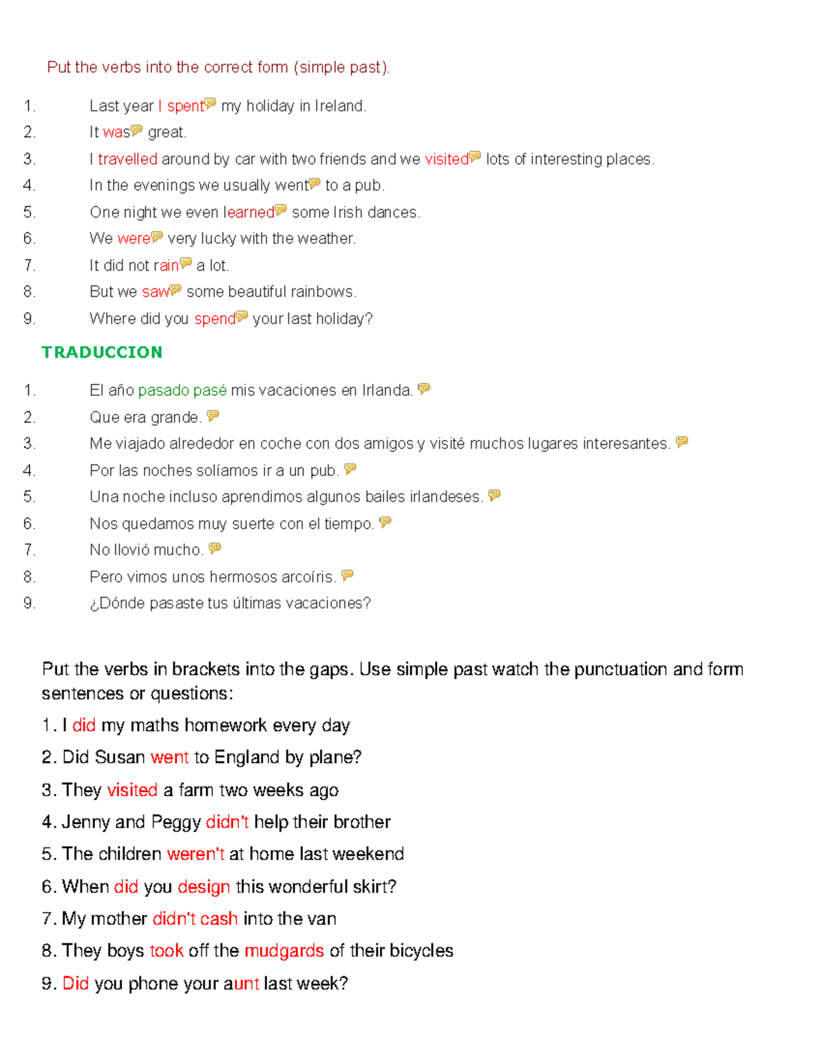 Ejercicio De Ingles Put The Verbs Into The Correct Form simple Past