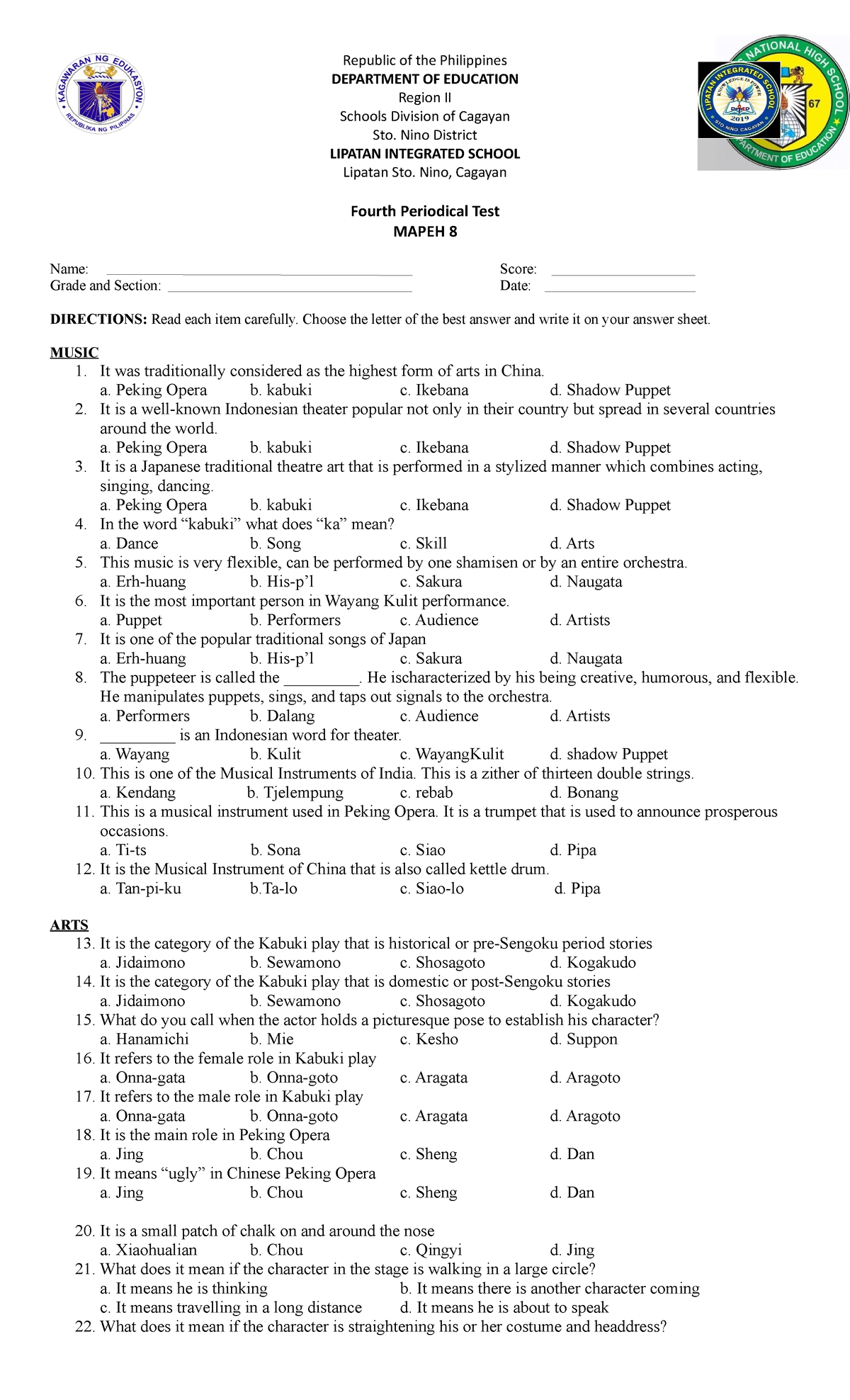 Mapeh 8 Q4 - test questions - Republic of the Philippines DEPARTMENT OF ...