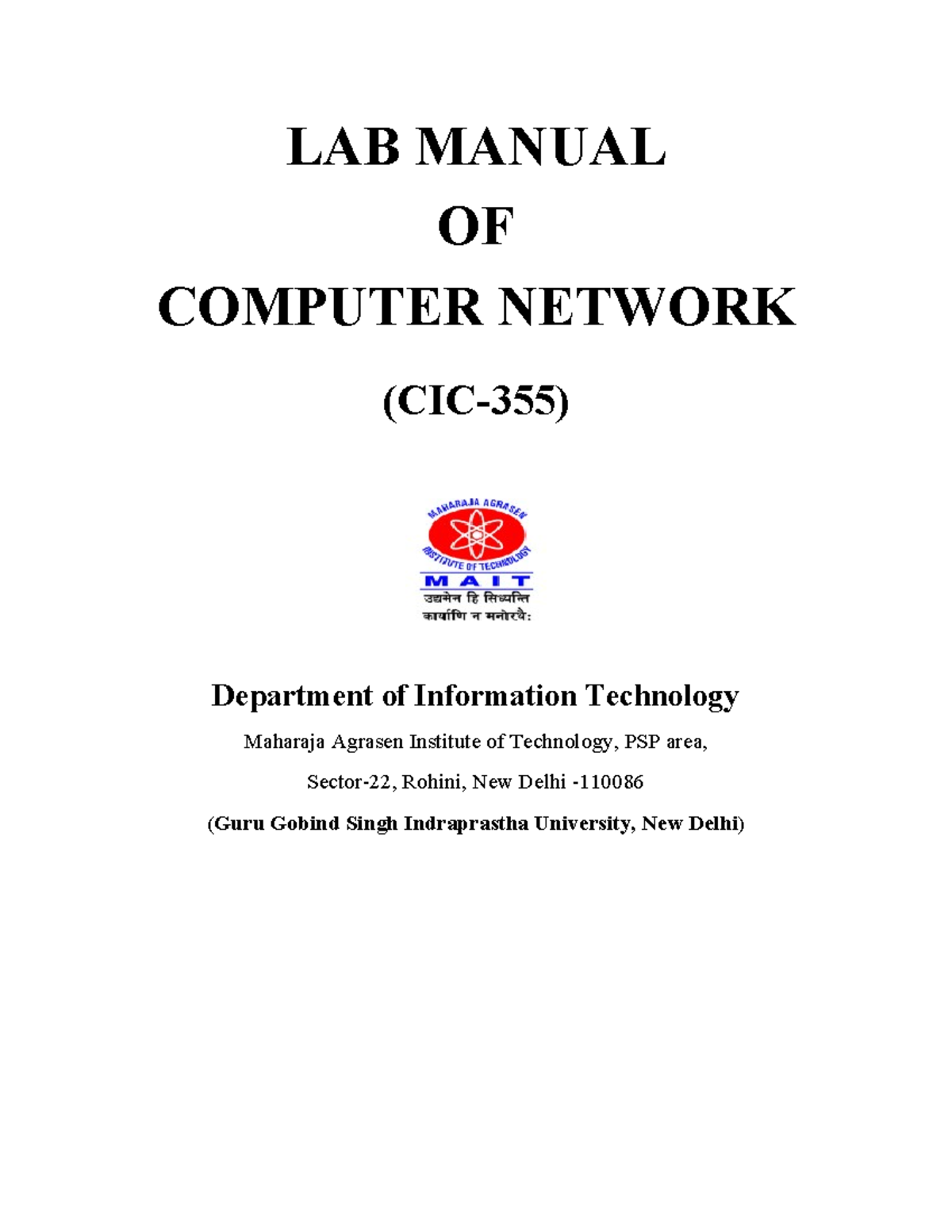 Mannual CN LAB MANUAL OF COMPUTER NETWORK (CIC355) Department of