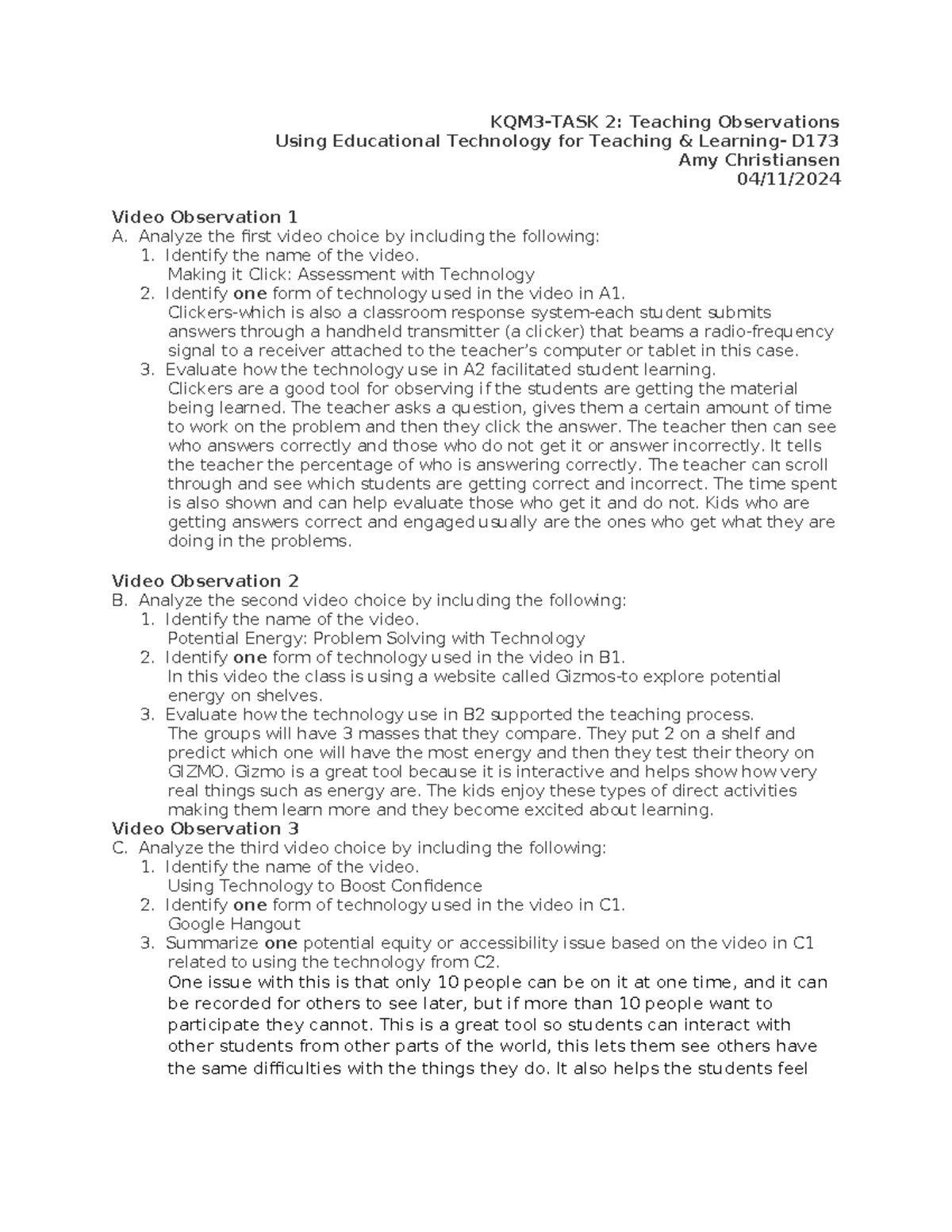 Kqm3 Task 2 Teaching Observations - Kqm3-task 2: Teaching Observations 