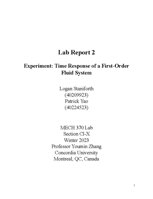 Lab 1 - mech 370 modelling gain lab - Lab 1: Intro to Matlab/Simulink ...