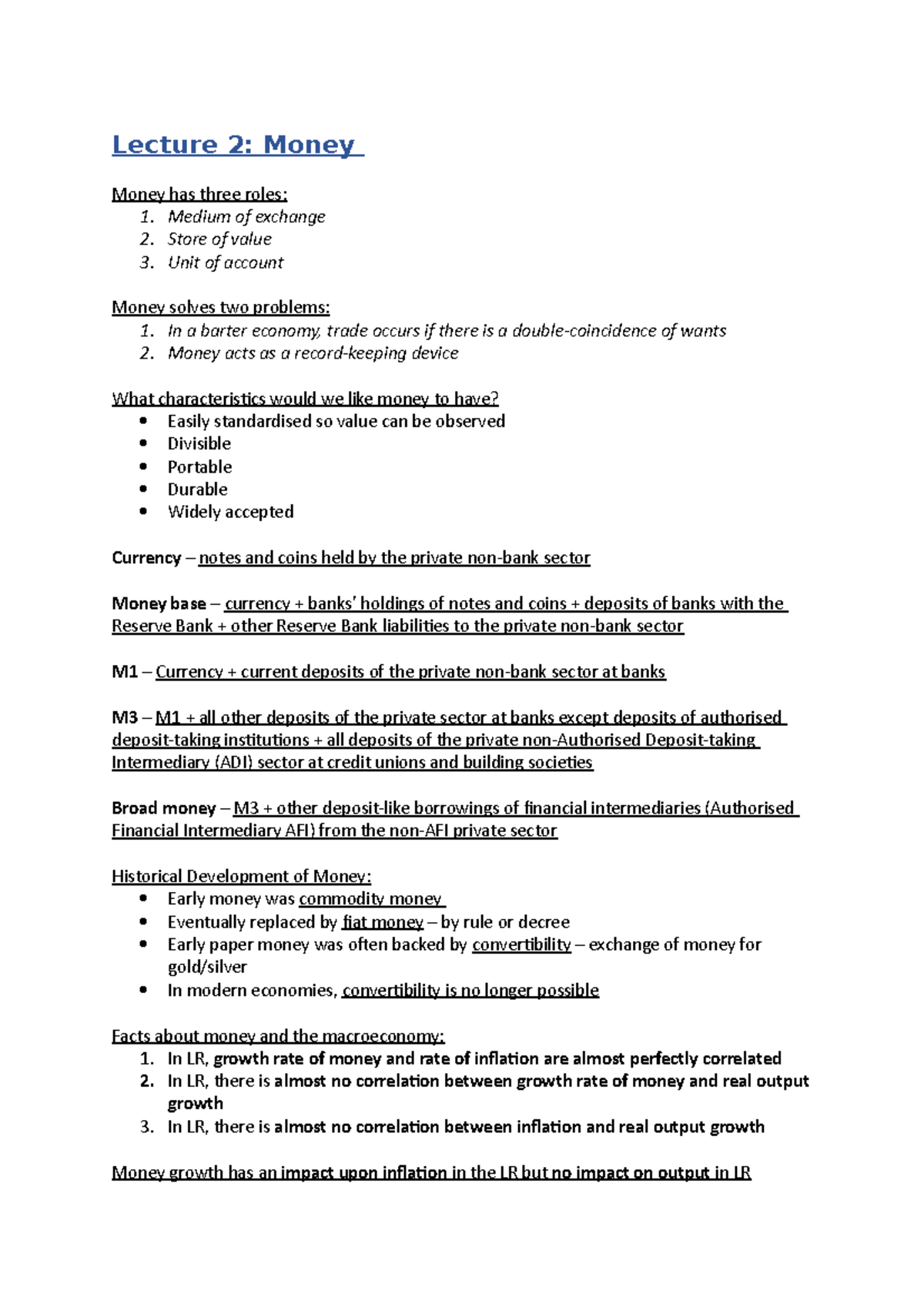 Money and Banking Lecture Notes Week 15 Lecture 2 Money Money has