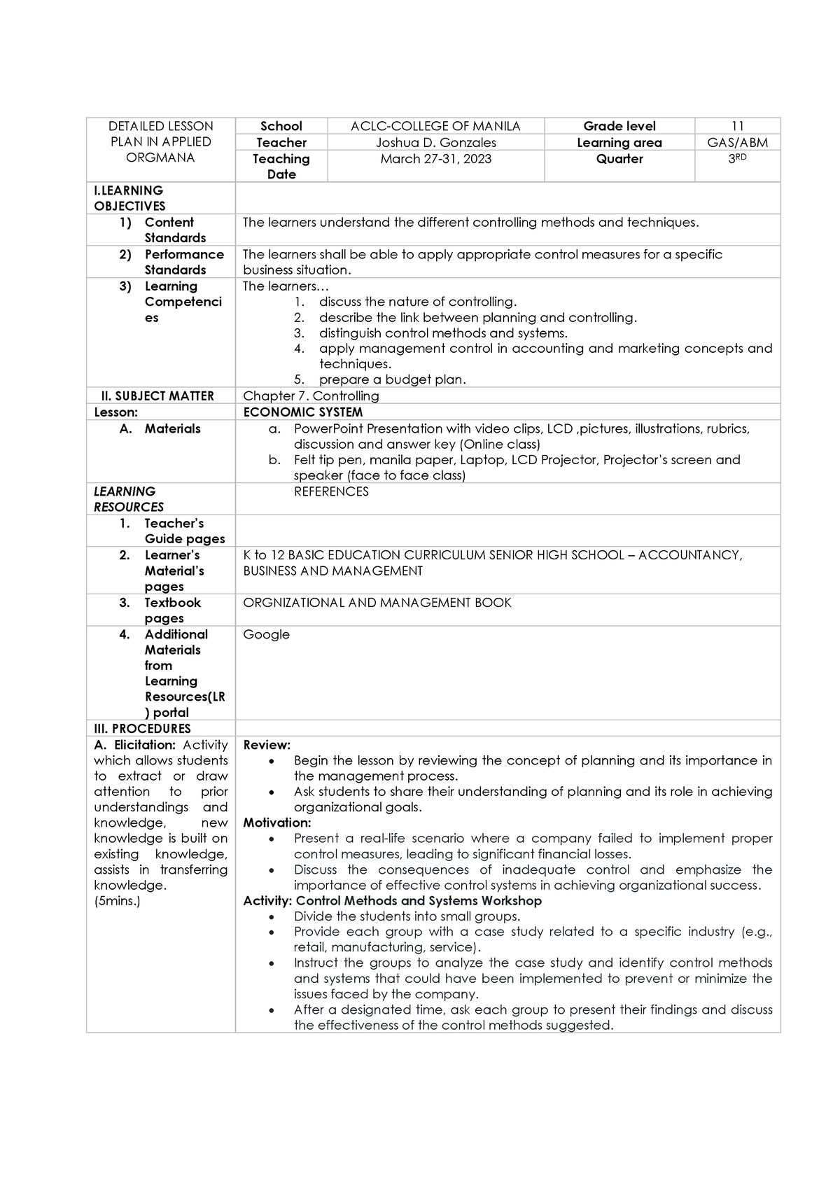 WLP Orgman WEEK9 - managment - DETAILED LESSON PLAN IN APPLIED ORGMANA ...