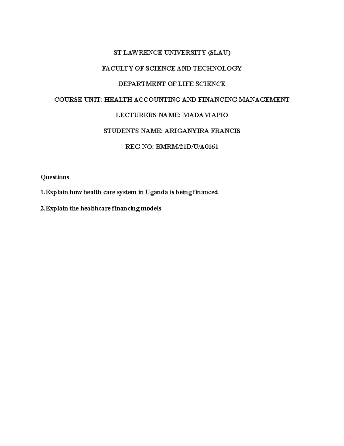 Accounting AND Finance Management - ST LAWRENCE UNIVERSITY (SLAU ...