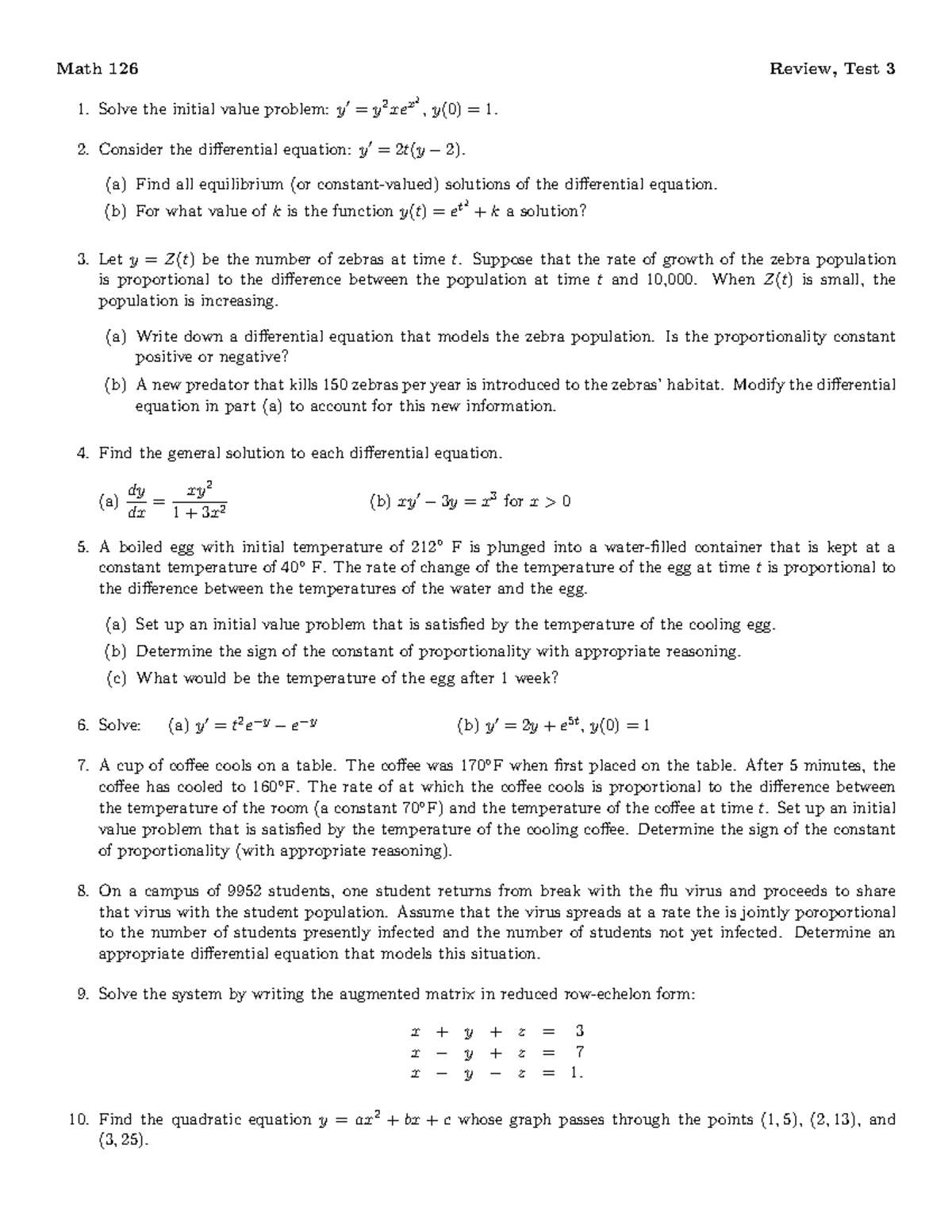 Review test 3 for exam - Math 126 Review, Test 3 Solve the initial ...