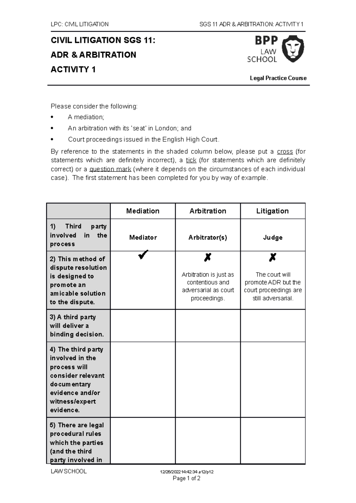 22-23 Civil Litigation SGS 11 Activity 1 - LPC: CIVIL LITIGATION SGS 11 ...