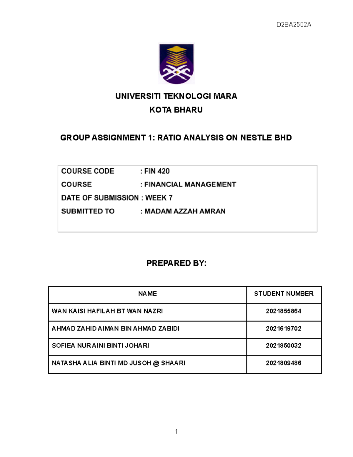 fin420 group assignment financial ratio